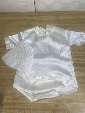 VTG Sears Boys White Satin Outfit Christening One Piece W/ Hat 0-6 Month